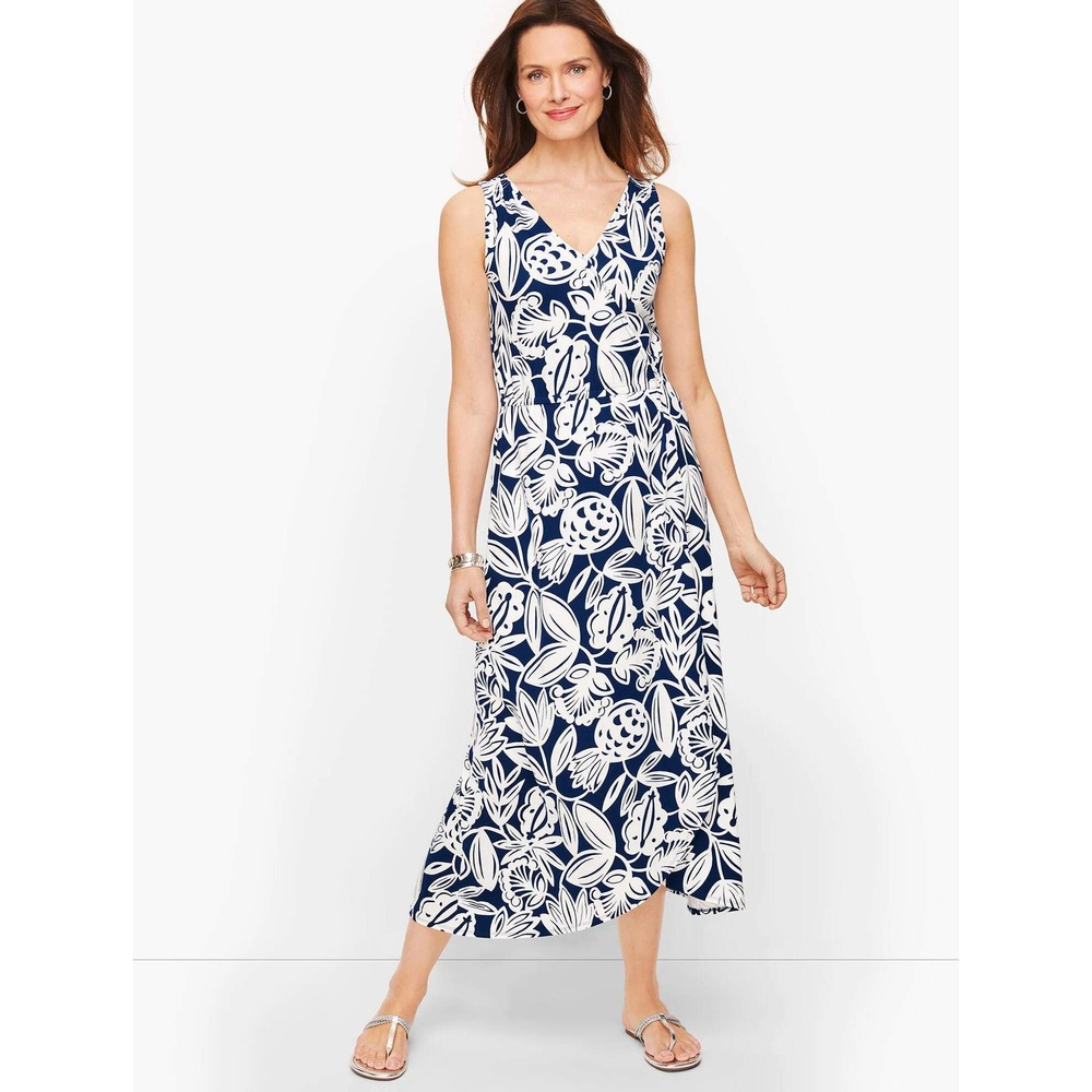 Talbots Maxi Dress Women X Plus Navy Blue Floral V-Neck Tulip Hem Sleeveless